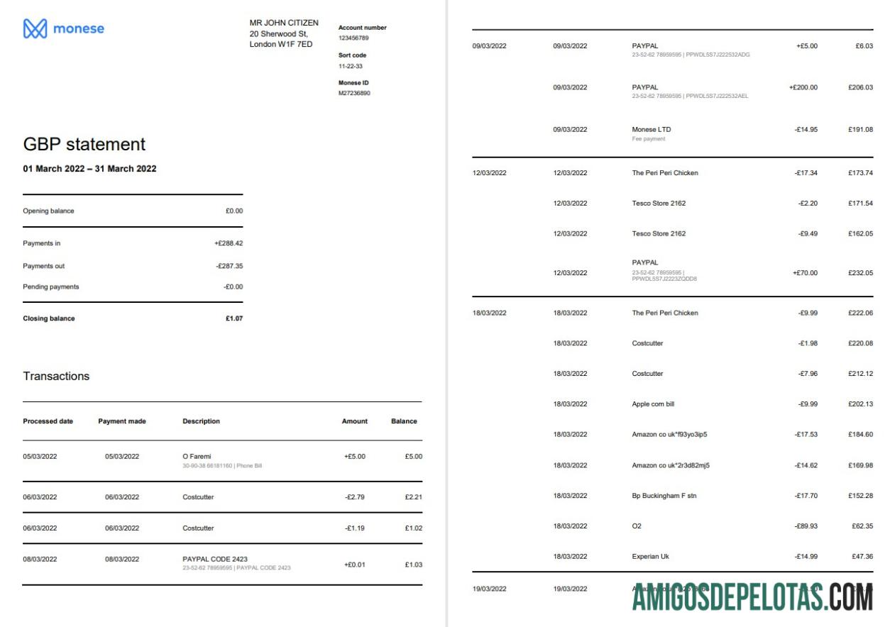 Extrato bancário Monese realista do Reino Unido modelo Word e PDF, 3 páginas